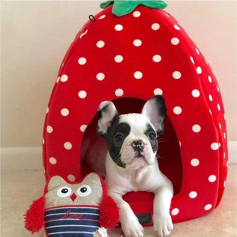 Nandog Pet Gear Strawberry Dog Cat Bed House Red Polka Dot Plush Cave 16in